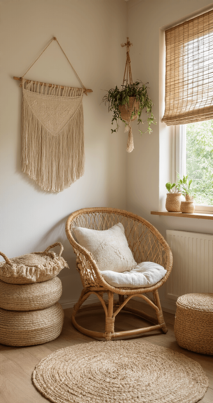 Intieme hoek van een babykamer tijdens het gouden uurtje, met een vintage rotan luierstoel naast een groot raam en bamboe rolgordijn. Zacht licht valt op een handgeweven wandkleed in aardse tinten, met gestapelde rieten opbergmanden gevuld met natuurlijke linnen. Een kleine boho-stijl poef in geweven jute en een hangend plantenrek met veilige kunstplanten maken het geheel af. Kleurpalet van warm hout, jute en gebroken wit.