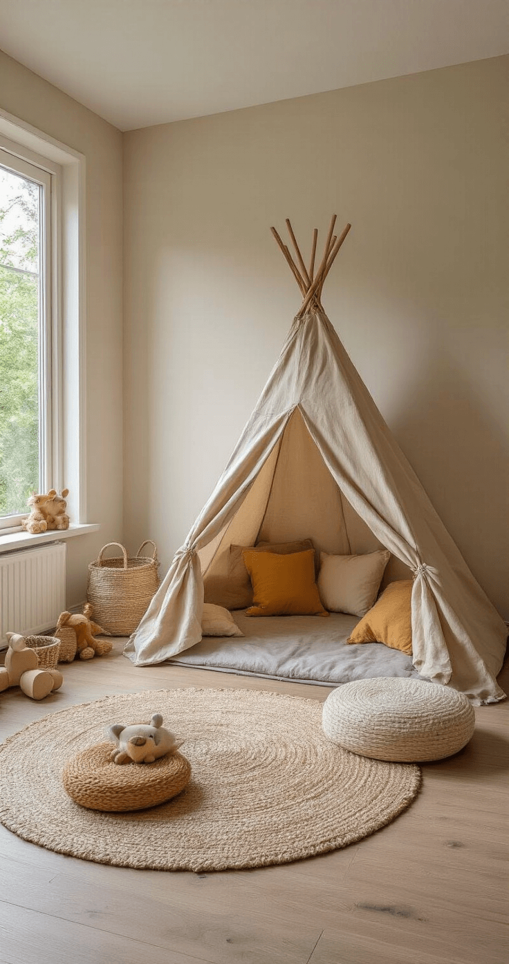 Speelhoek met laag Montessori-bed op vilten speelmat, tipi-tent van ongebleekt katoen, wandrek met houten speelgoed en gevlochten manden, onder een mobiel van natuurlijke materialen; kleurpalet in warm grijs, naturel en mosterdgeel, vastgelegd vanuit vogelperspectief met zachte schaduwwerking in natuurlijk daglicht.
