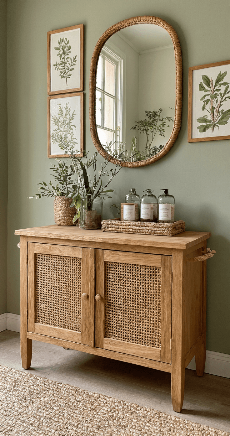 Intieme ruimte met robuuste houten commode en ronde spiegel, omgeven door botanische prints in rotan frames en glanzende verzorgingsitems op zwevende planken, verlicht door de middagzon. Kleurpalet van warm hout, sage groen en zandtinten.