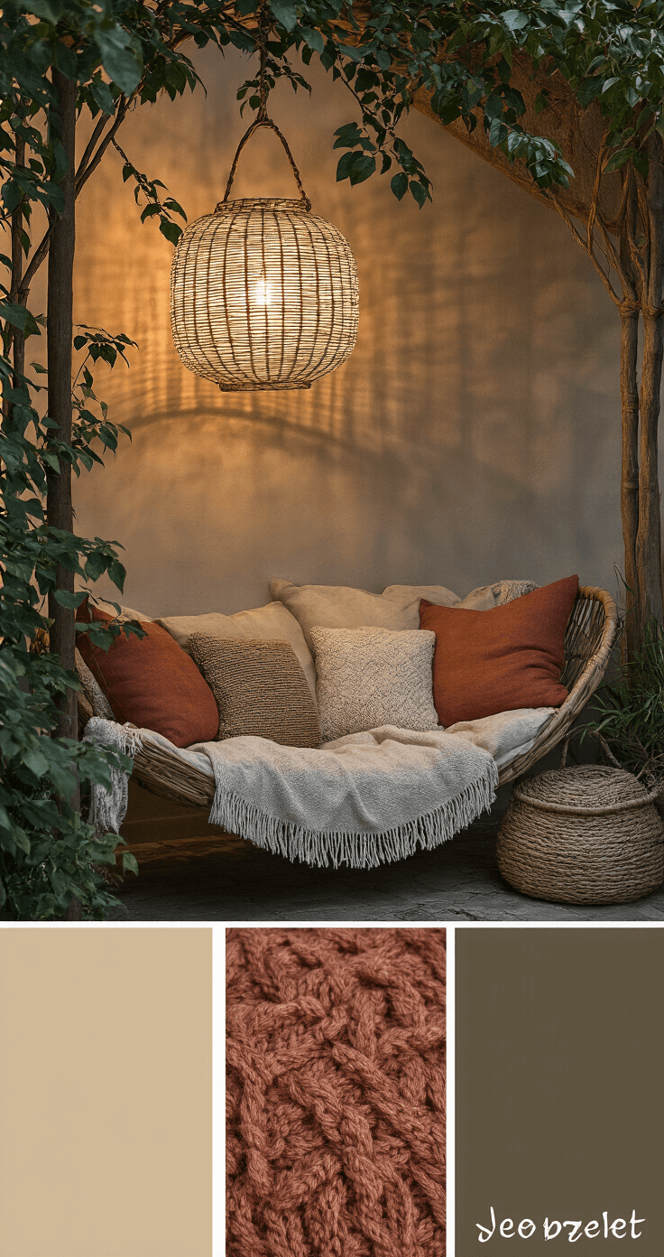 Intiemere close-up van een stijlvolle voedingshoek in avondschemering, met een vintage schommelstoel van bouclé stof en een voetenbankje van geweven jute, verlicht door een rietenlamp en een hangend windlicht. Het geheel is aangekleed met een zacht wollen kleed en gestapelde kussens in aardetinten, in een kleurpalet van roomwit, beige en terracotta.