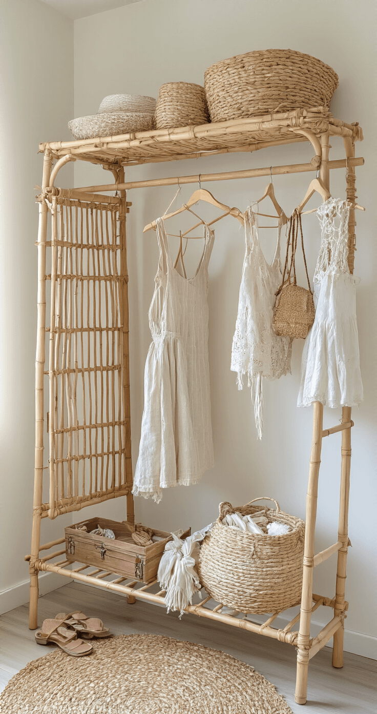 Garderobe-wand met open bamboe kledingrek, tiny boho outfits, gevlochten wasmanden en vintage kistje in natuurlijk daglicht, versierd met wanddecoratie van geweven touw en houten kralen, kleurpalet in naturel bamboe, linnen wit en zachte pastels.