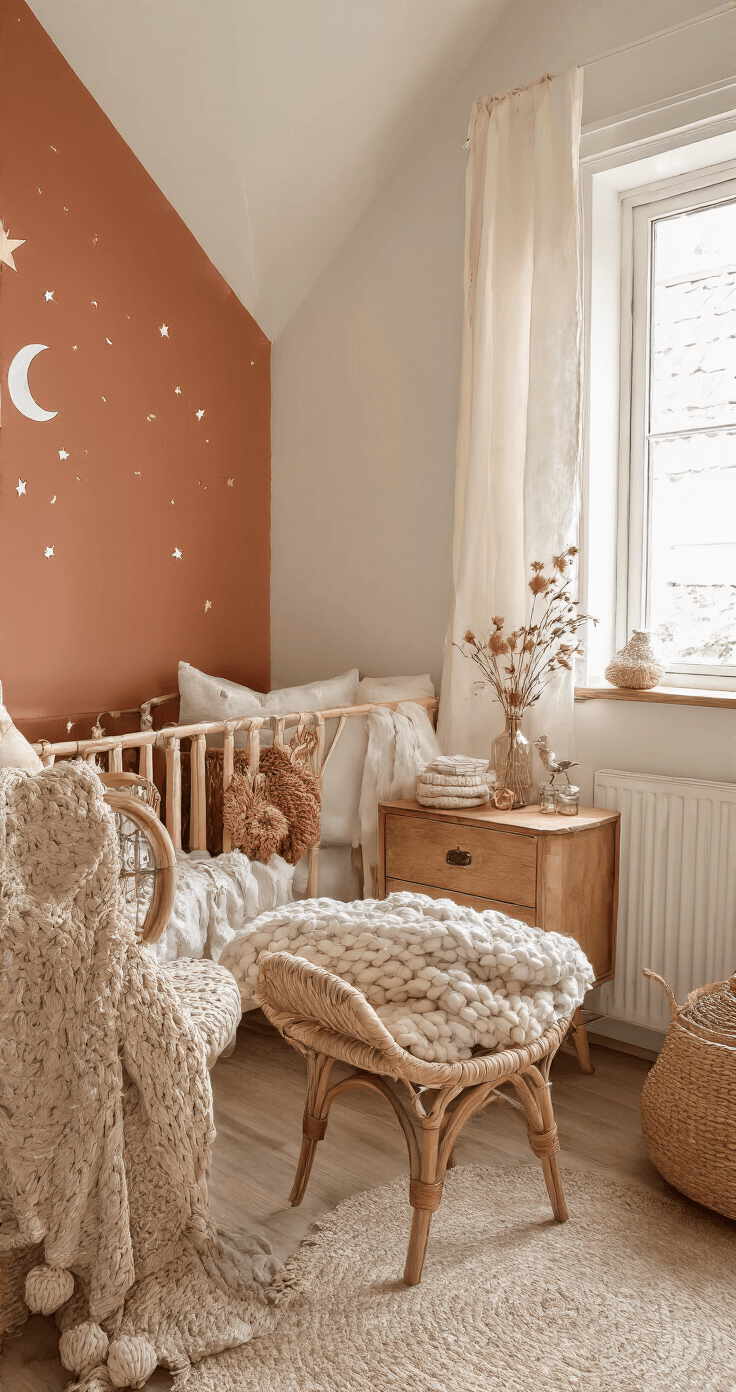 Intieme babykamer met terracotta accentmuur en handgeschilderde maan en sterren, naturel houten commode met vintage vaasjes, bohemian hangstoel, en textiel in warme, rustgevende kleuren tijdens het gouden uur.