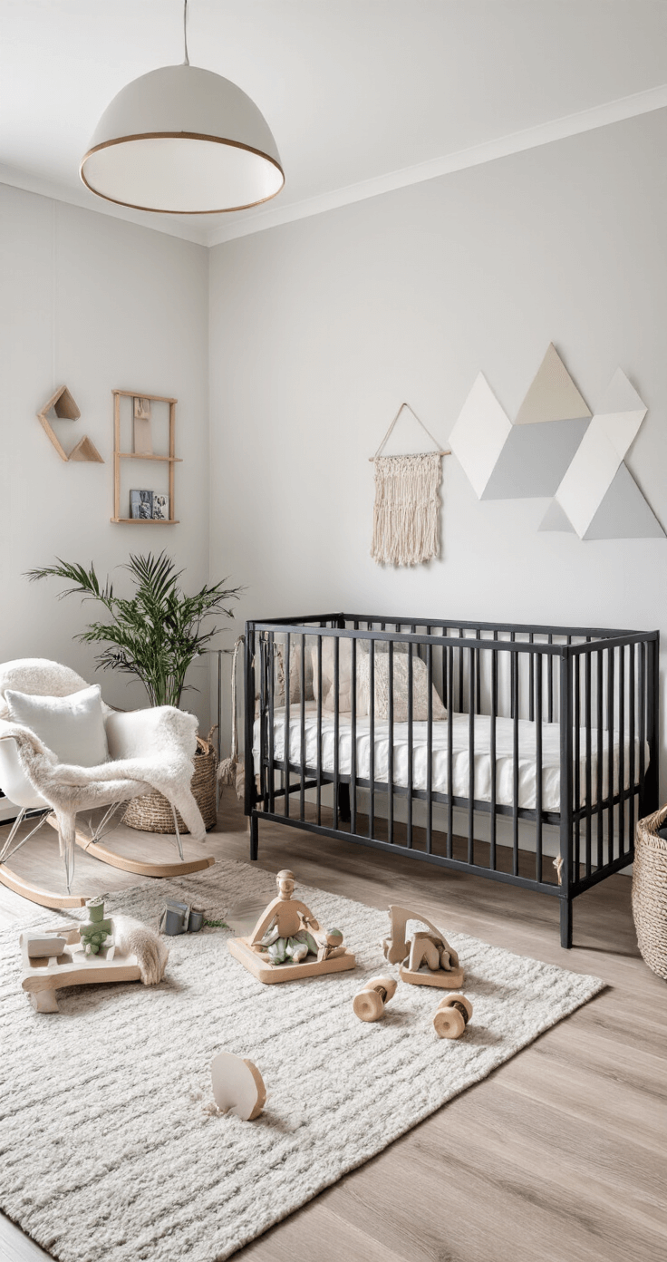 Moderne Scandinavische babykamer met zwart metalen ledikant, krijtwitgrijze muren en geometrische wanddecoratie in pasteltinten, verlicht door middaglicht.