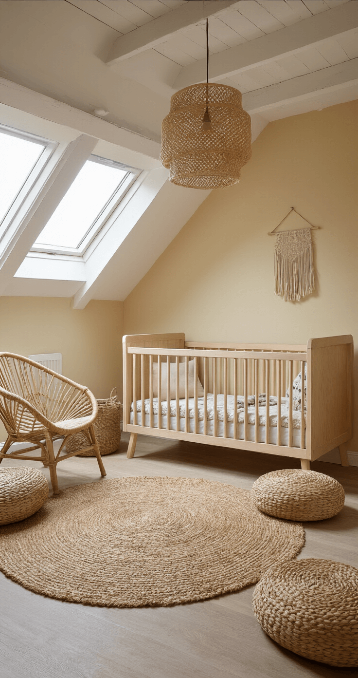 Ruime zolderkamer met dakramen, ochtendzon die natuurlijke spotlights creëert. Zachtgele muren onder witte balken, modern ledikant in licht hout, boho tapijt in aardetinten, rotan hangstoel en poef set, botanische mobile boven wieg. Beeld vanaf trap, accent op hoogte en diepte, luchtige, speelse sfeer.