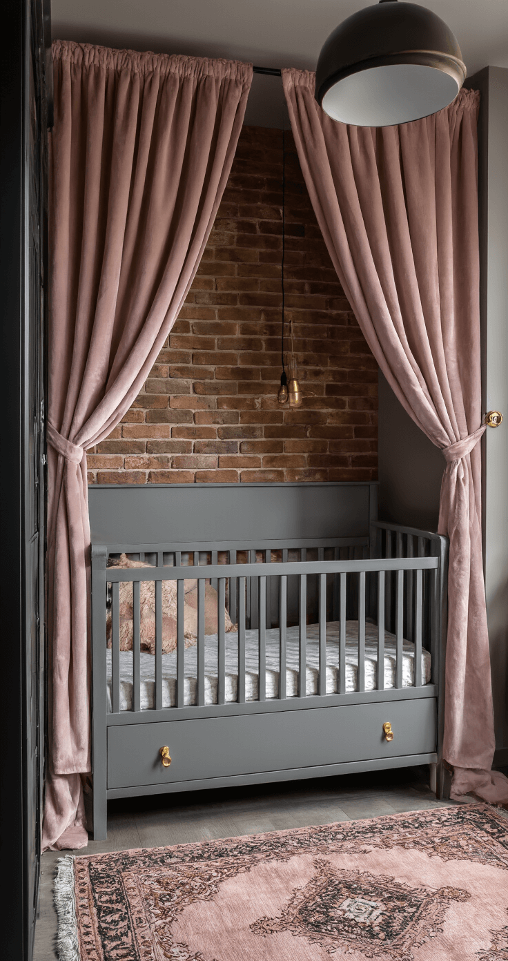 Compacte stadsbabykamer met industriële elementen, zoals een bakstenen muur en zwarte stellingkasten, verlicht door roze velvet gordijnen en een design vloerlamp. Een modern grijs ledikant met gouden details staat op een vintage perzisch tapijt.