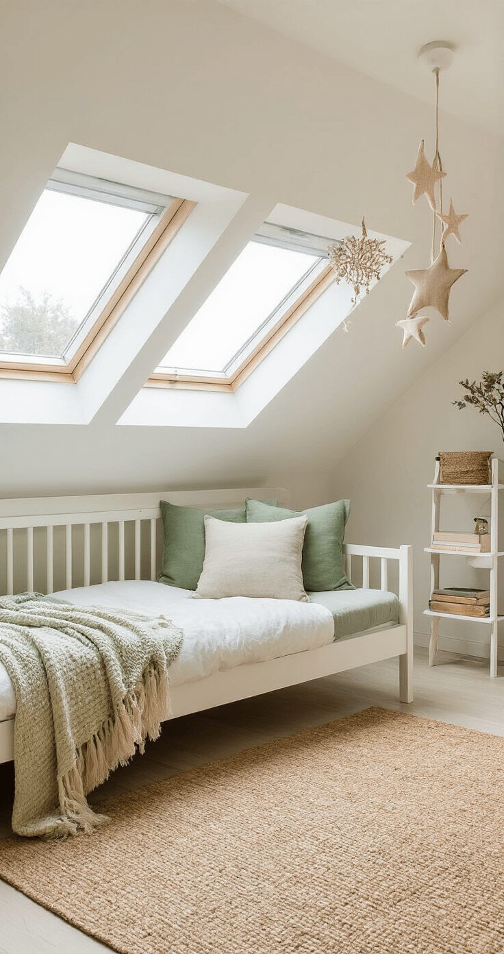 Lichte hoekkamer van 4x4m met witte muren en sage groene accenten, een vintage houten ledikant in warm wit, een handgemaakte mobile met vilt sterren, een oversized linnen vloerkussen en een minimalistisch boekenrek, ingericht met jute, katoen en wol, in een serene sfeer met natuurlijk licht.