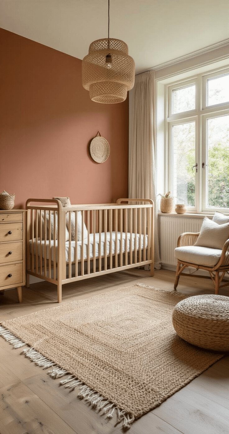 Een ruime, lichte babykamer met hoge ramen, een naturel houten ledikant met linnen hemeltje, een vintage houten commode met rieten manden, een oversized beige fauteuil, en een jute vloerkleed met geometrisch patroon, allemaal verlicht door zacht ochtendlicht.