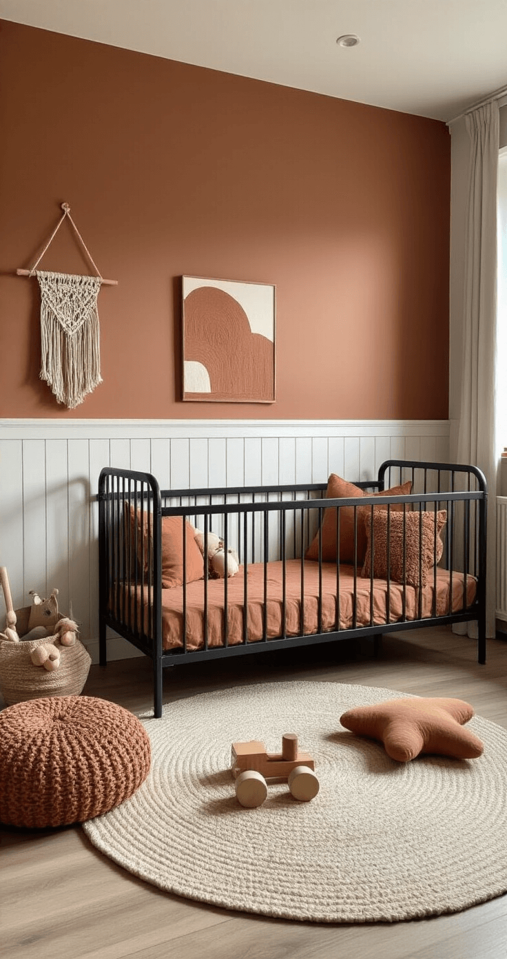 Moderne babykamer met roestbruine muurverf en witte lambrisering, minimalistisch zwart metalen ledikant met terracotta beddengoed, zachte knuffels, zwevende planken met houten speelgoed en abstracte kunst, en een macramé wandhanger, gefotografeerd tijdens golden hour.