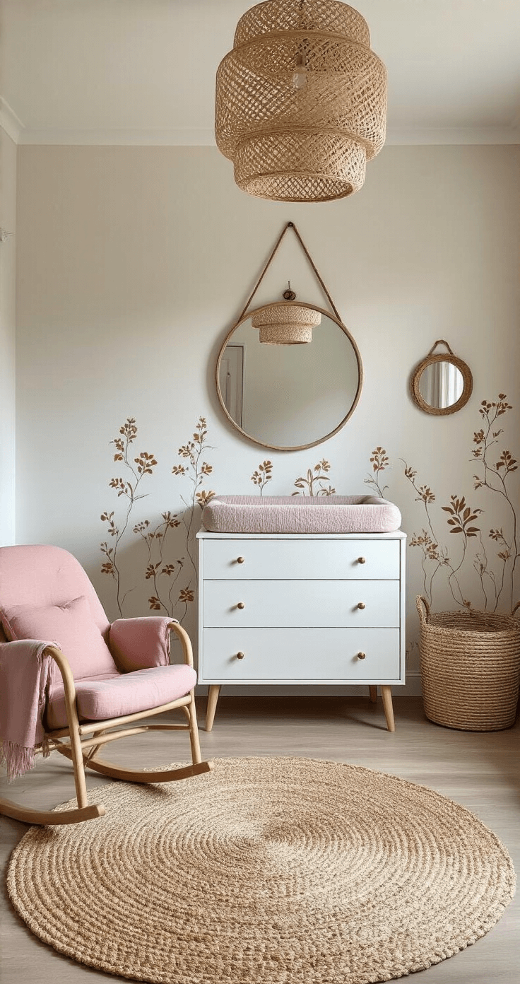Lichte babykamer met schuine wand in roestkleur, moderne witte commode met gouden handgrepen en vintage spiegels erboven, zachte roze schommelstoel, handgeweven tapijt in aardetinten en rieten lampenkap die schaduwen werpt, vastgelegd vanuit een laag standpunt.