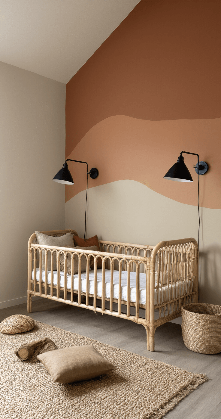 Compacte babykamer met roestbruine naar beige kleurverloop, natuurhouten ledikant, linnen in aardetinten, industriële zwarte wandlampen, vintage rotan mand en minimalistisch verschoonmeubel. Rustige, moderne sfeer met focus op texturen en materialen.