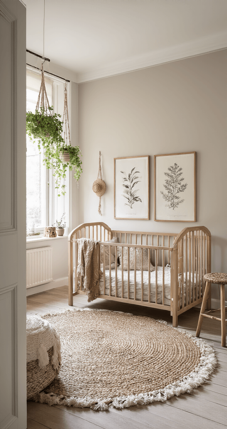 Ruimtelijke babykamer met erker in namiddaglicht, roestbruine colorblocking op wanden, eigentijds gebogen ledikant, botanische prints in houten lijsten, handgeknoopt vloerkleed, vintage kruk als bijzettafel en hangplanten voor een natuurlijke touch.