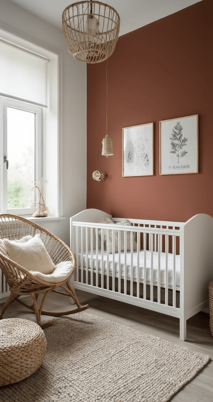 Vierkante babykamer bij zonsondergang met roestkleurige muren, witte bogen, een klassiek wit ledikant, een rotan schommelstoel met een teddy bouclé kussen, een vintage koperkleurige vloerlamp en een zwart-wit gallery wall met natuurprints, sfeervol verlicht door dramatisch tegenlicht.