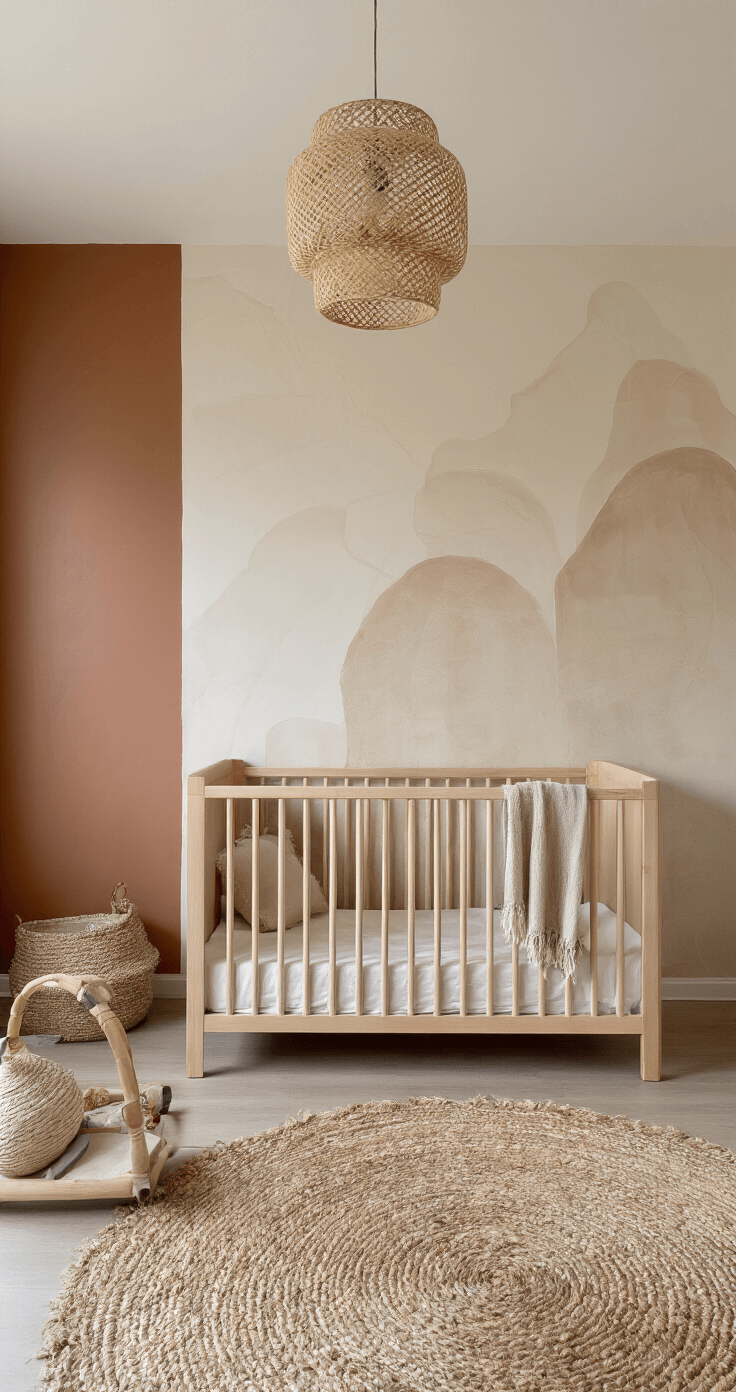 L-vormige babykamer in ochtendgloren met roestbruine feature wall en abstracte muurschildering in beige. Modern ledikant met handgeweven deken, design commode met terrazzo top, houten speelboog met linnen speeltjes en een vintage perzisch tapijt. Rieten lampenkappen in clustering. Panoramisch perspectief vanuit de entree voor een artistieke, schone maar warme sfeer.