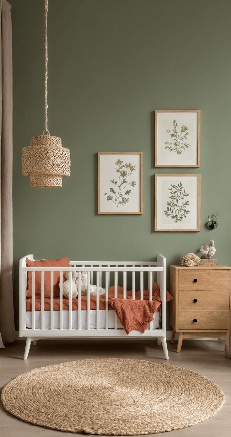 Moderne jongensbabykamer met terracotta beddengoed en mosgroene muur, gefotografeerd tijdens het gouden uur met zachte zonnestralen.