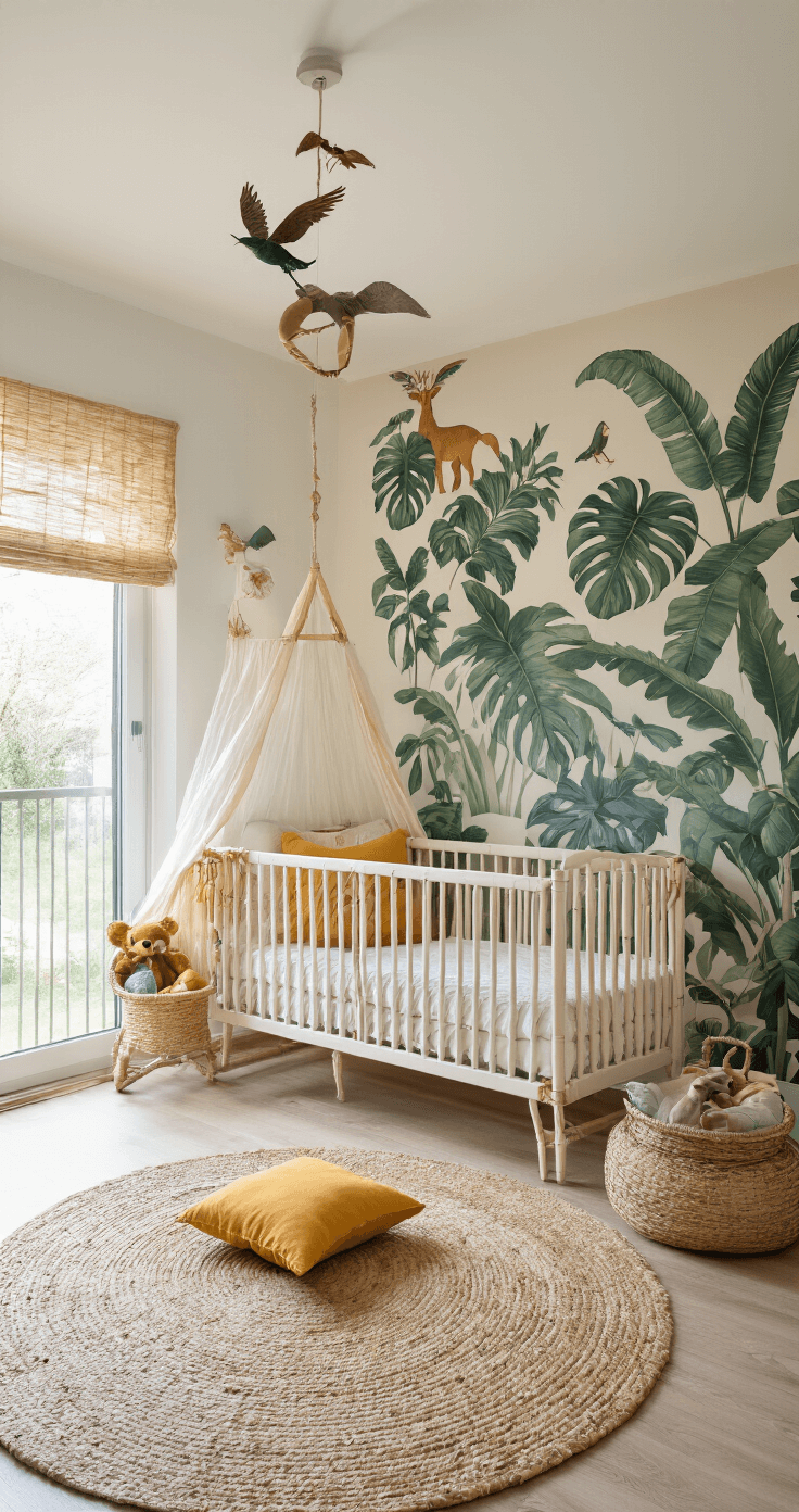 Jungle-thema babykamer met zandtinten monstera behang, wit spijlenbedje met okergele linnen hemel, rotan schommelstoel, bamboe rolgordijnen, en een houten mobiel met dieren boven een commode, gezien vanuit vogelperspectief.