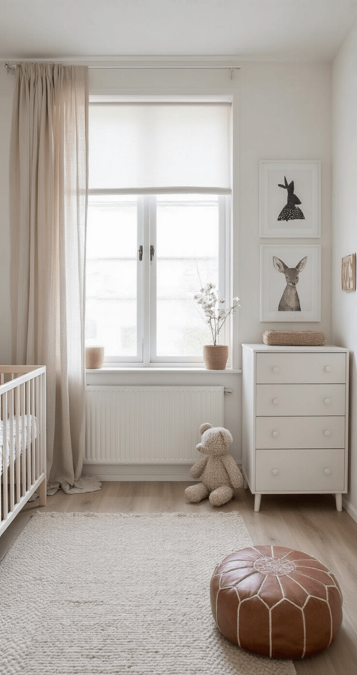 Een Scandinavische babykamer met hoge ramen, lichtgrijs ledikant, geometrische berkenhouten wandrekken, een wolkendeken in beige tinten, en een zacht hoogpolig vloerkleed. Vintage leren poef en een minimalistische lamp zorgen voor een warme sfeer. Zwart-wit dierenprints in dunne frames versieren de muur.