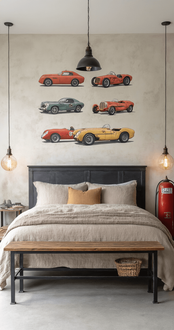 Sfeervolle slaapkamer met een auto-thema, gedempte wandverlichting en een custom wandschildering van vintage racewagens in pasteltinten. Een mat zwart metalen ledikant met aardetinten linnen beddengoed, industriële wandlampen en een vintage benzinepomp als decor. Symmetrisch shot met dramatische schaduwwerking.
