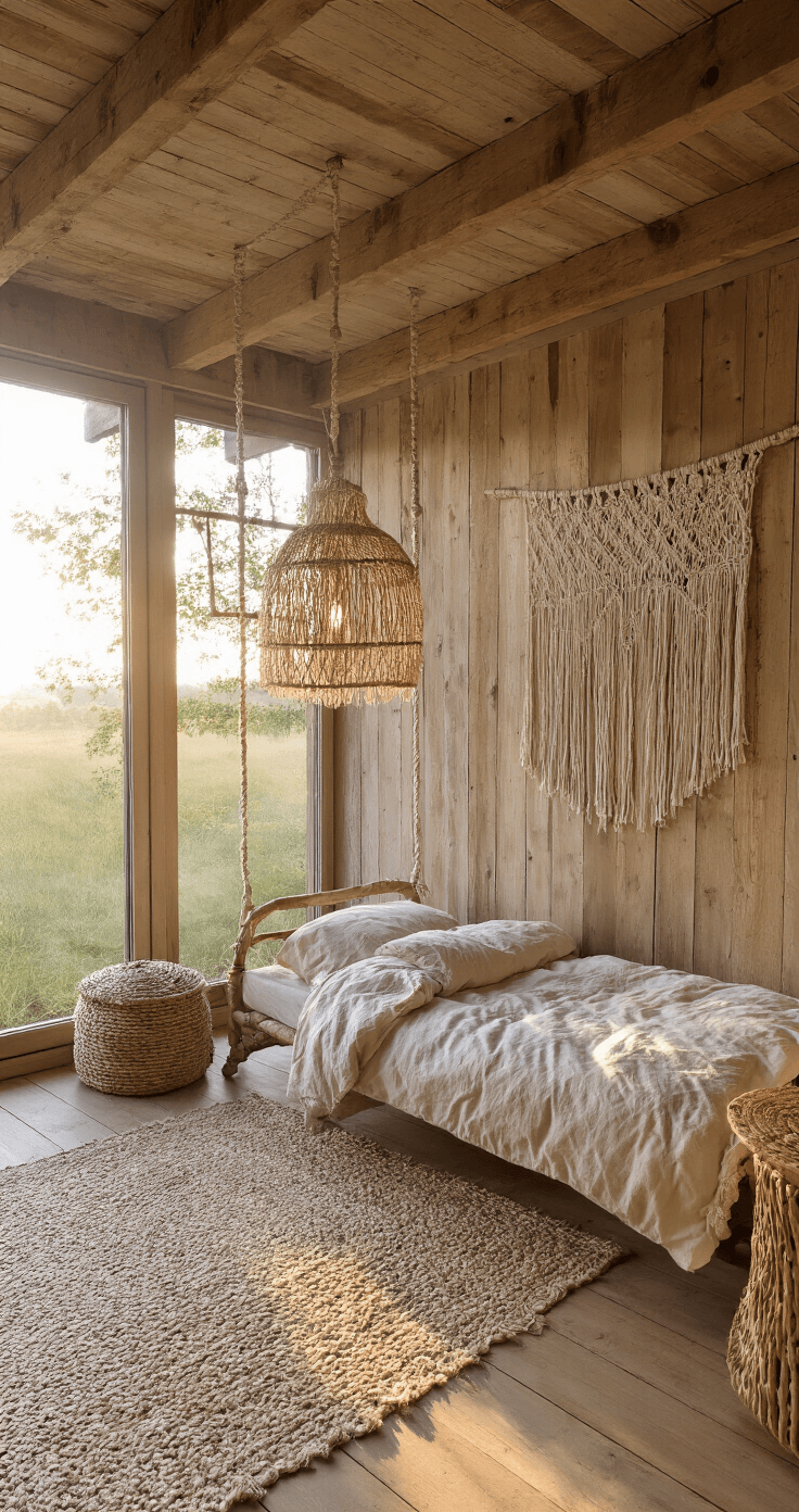 Rustieke natuurkamer bij zonsopgang met houten balken, verweerde planken, een handgemaakt berkenhouten ledikant, macramé wanddecoratie, en laagjes boho vloerkleden, vastgelegd vanuit een lage camerahoek.