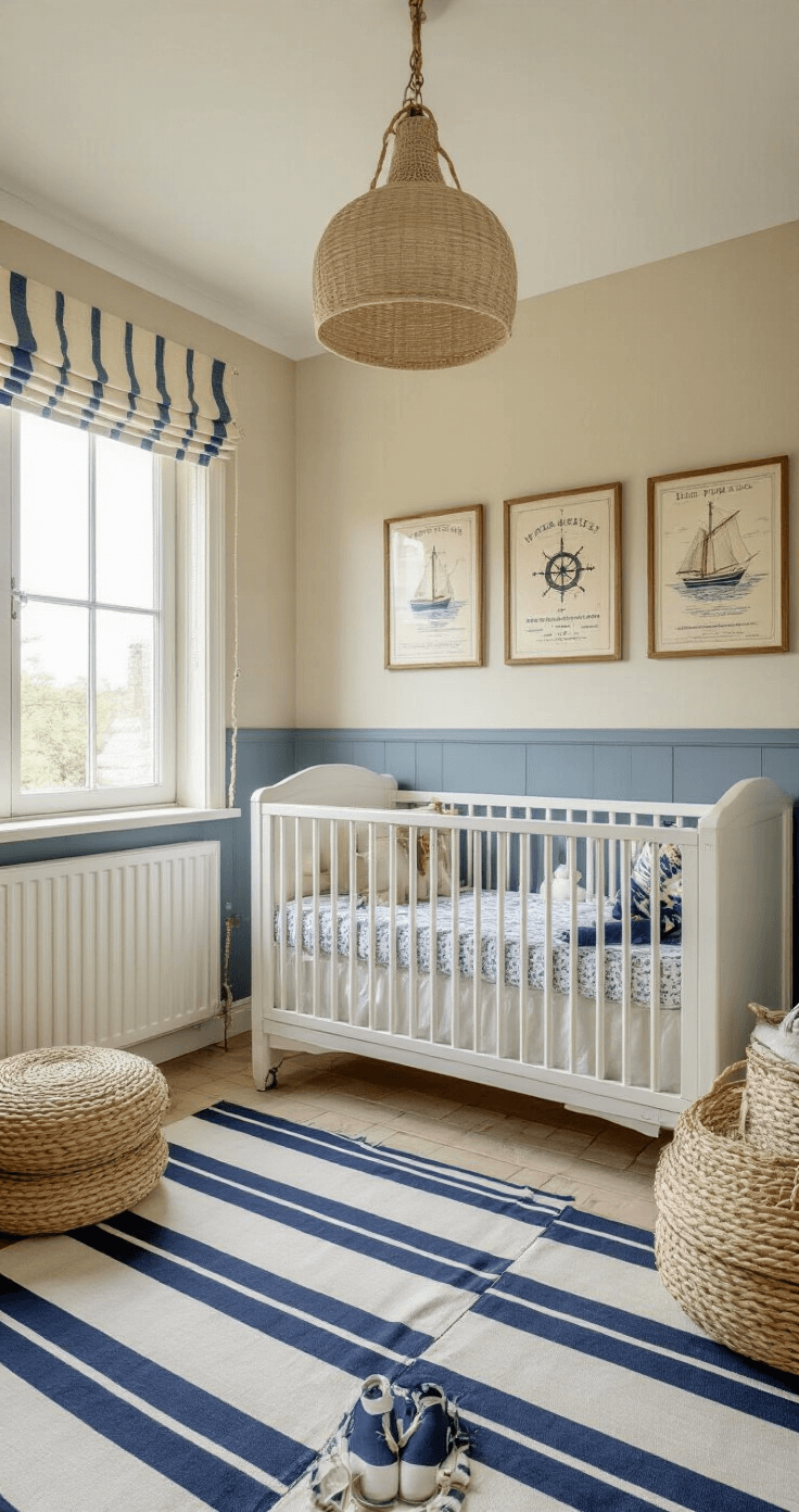 Een maritieme babykamer met zachtblauwe lambrisering en beige wanden, een klassiek wit ledikant met een nautische mobile, vintage zeekaarten aan de muur, touwdetails als decoratie, een navy/wit gestreept vloerkleed en messing accessoires, vastgelegd in diffuus middaglicht met een frontaal shot voor een gecomprimeerd perspectief.
