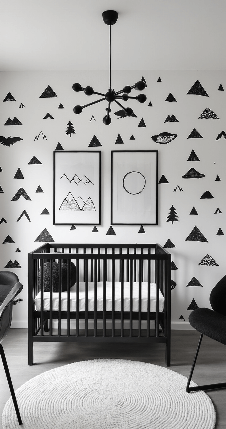 Monochrome babykamer van 4x3.5m in avondlicht met zwart-wit grafisch behang van bergen, modern zwart metalen ledikant, hoogpolig wit vloerkleed, zwarte kroonluchter aan het witte plafond, abstracte zwart-wit prints, matzwarte accessoires en een designerstoel in bouclé stof, vastgelegd vanuit een diagonaal camerastandpunt.