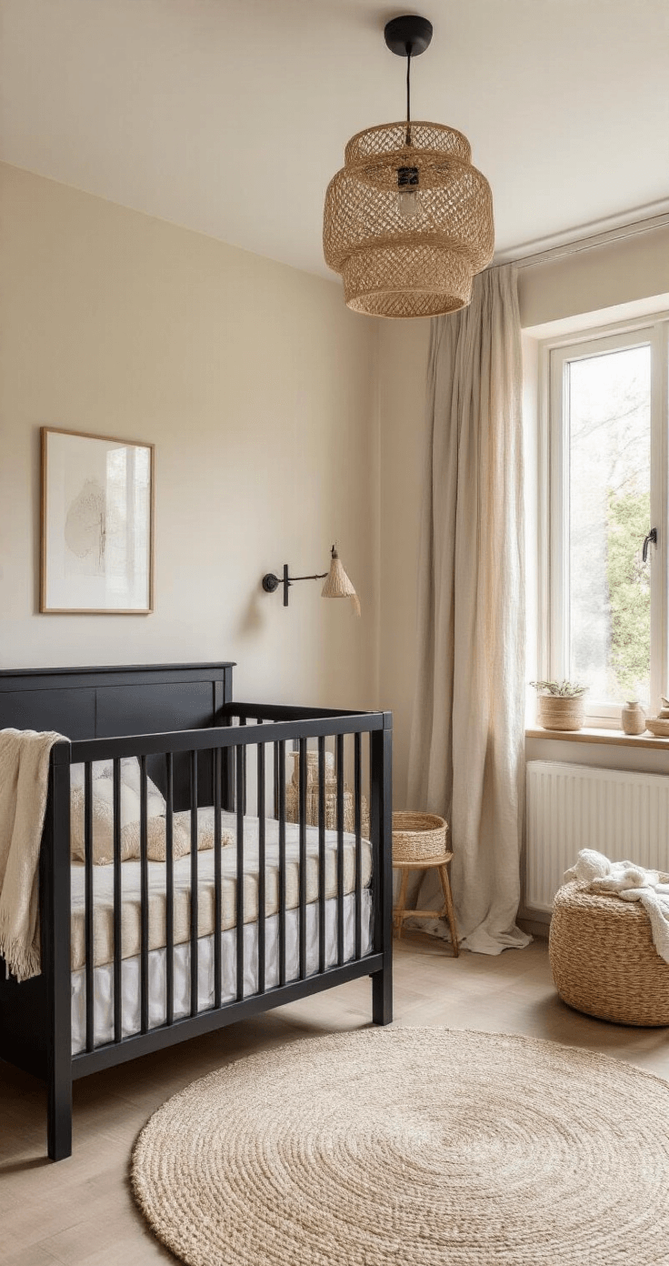 Een ruime, vierkante babykamer met crèmekleurige muren, een zwart houten ledikantje met beige linnen beddengoed, een rond, wollig beige vloerkleed en zwarte wandplanken met rotan manden, alles badend in warm ochtendlicht.
