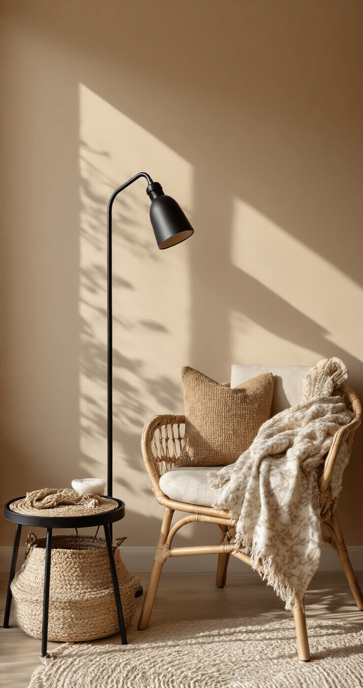 Intieme babykamer met beige fluwelen voedingsstoel en zwart metalen bijzettafeltje; warme gouden uurlichtval op macramé wandhanger en texturen van plaid, linnen kussens en tapijt.