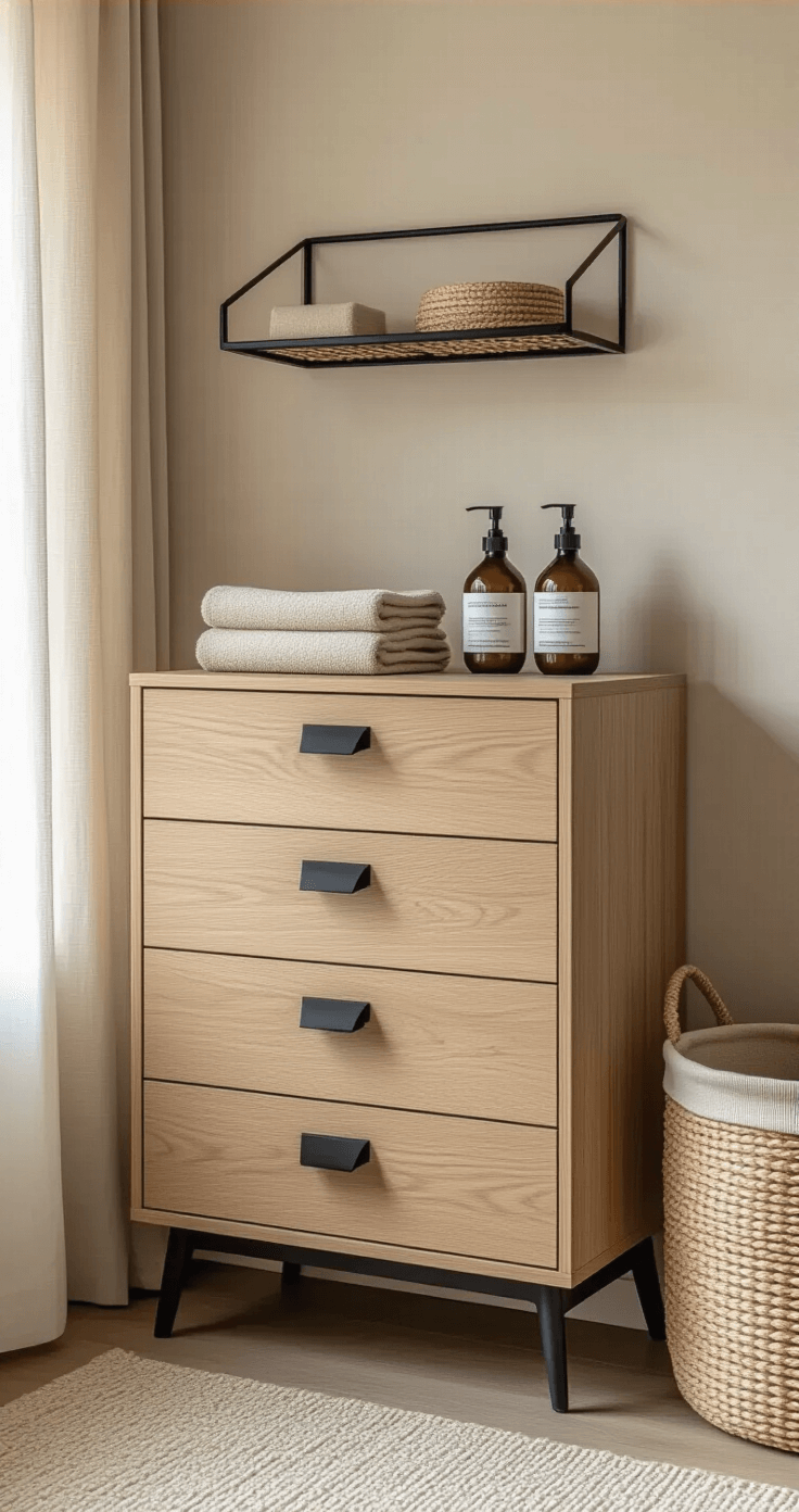 Moderne verschoningshoek met licht eiken commode, zwarte handgrepen en verzorgingsproducten, verlicht door subtiel indirect daglicht.