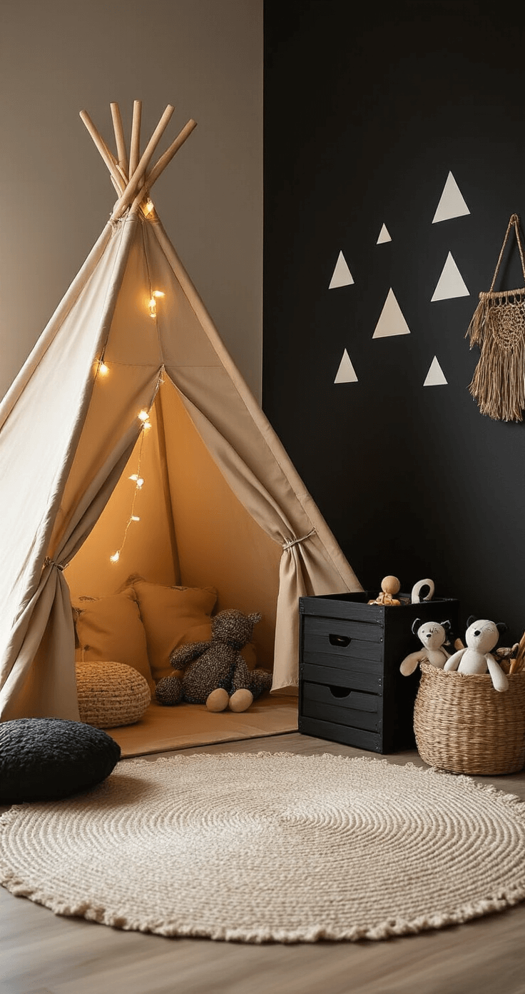 Speelhoek met beige tipi-tent, zwarte houten speelgoedkist, zacht hoogpolig vloerkleed en geometrische wandstickers in een warme avondsfeer, verlicht door LED-spotverlichting.