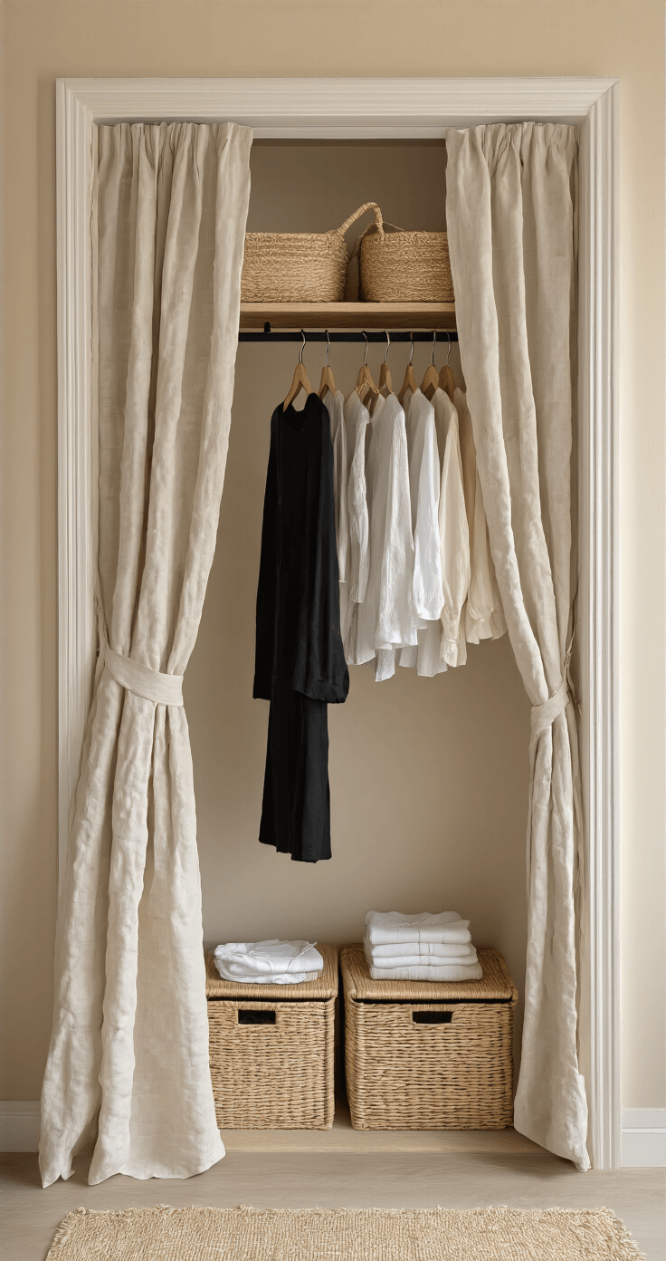 Garderobe-zone in ochtendlicht met een zwart kledingrek tegen een beige muur, tiny hangers, rieten opbergboxen eronder en een beige linnen gordijntje. Zwart-wit babykleertjes netjes gerangschikt, met een focus op de textielen en materialen.