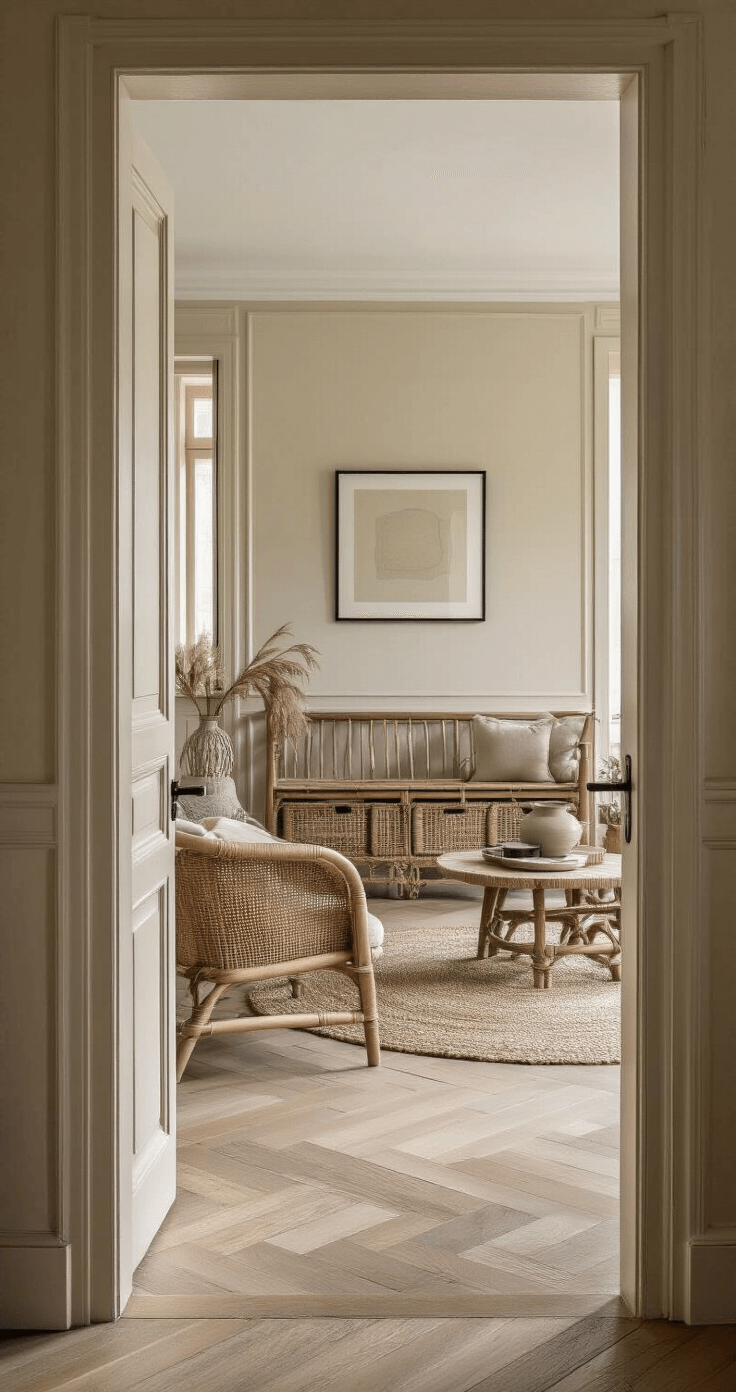 Overzichtsfoto van een symmetrisch ingerichte kamer met beige muren en zwarte meubels en accessoires, verlicht door zacht middaglicht dat schaduwen creëert. Texturen van glad hout, zacht textiel en ruw rotan zijn zichtbaar.