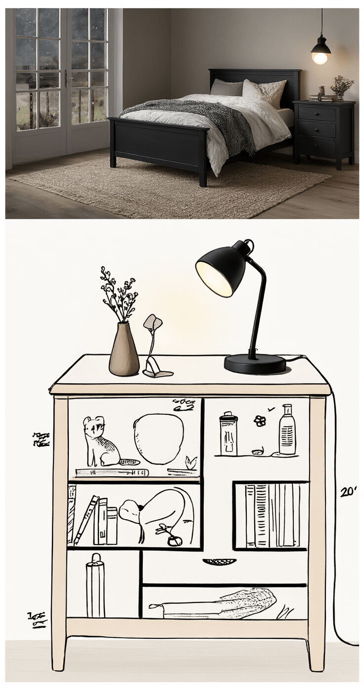 Detail van een zwart houten ledikant met een beige gaas hemeltje en een zwart-witte mobiel erboven, naast een natuurlijk houten nachtkastje met een zwarte tafellamp. Een zacht schijnend nachtlampje creëert een intieme sfeer, vastgelegd met een 85mm lens voor een mooi bokeh effect en subtiele warmwitte verlichting.