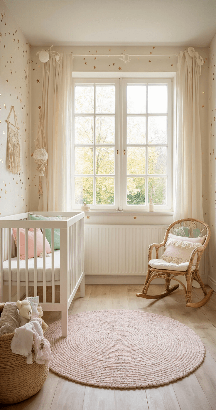 Een ruime, vierkante babykamer met hoge ramen in zacht ochtendlicht, een wit houten ledikantje met mint-groene accenten, crèmekleurige muren met gouden sterretjes, een zachtroze vloerkleed, een vintage schommelstoel, macramé wandhangers en botanische prints.