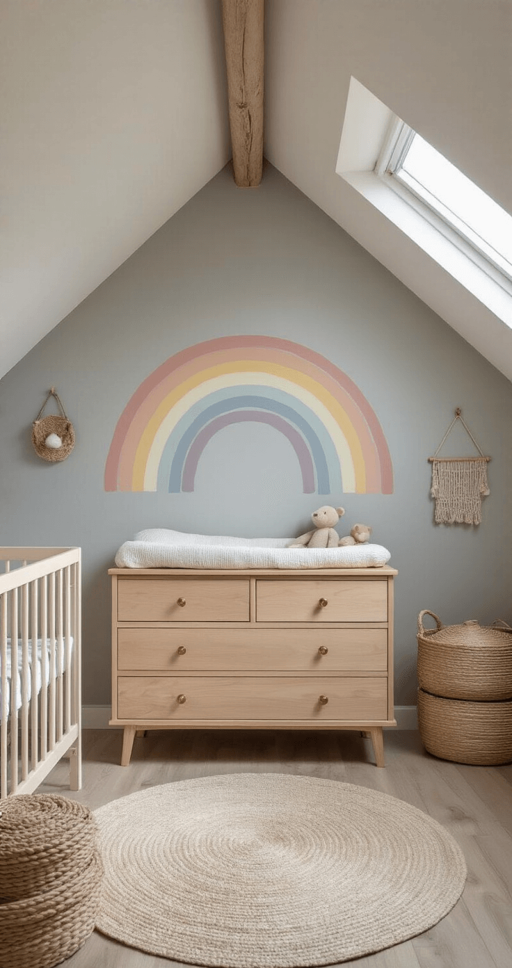 Intieme babykamer met schuin dak, dakraam en middaglicht dat in strepen naar binnen valt. Grijze muren met handgeschilderde pastelkleurige regenboog, een naturel houten commode met koperen handgrepen en gevlochten rieten opbergmanden. Zachtgele linnen gordijnen waaien in de wind, gefotografeerd vanuit een laag standpunt richting het dakraam.