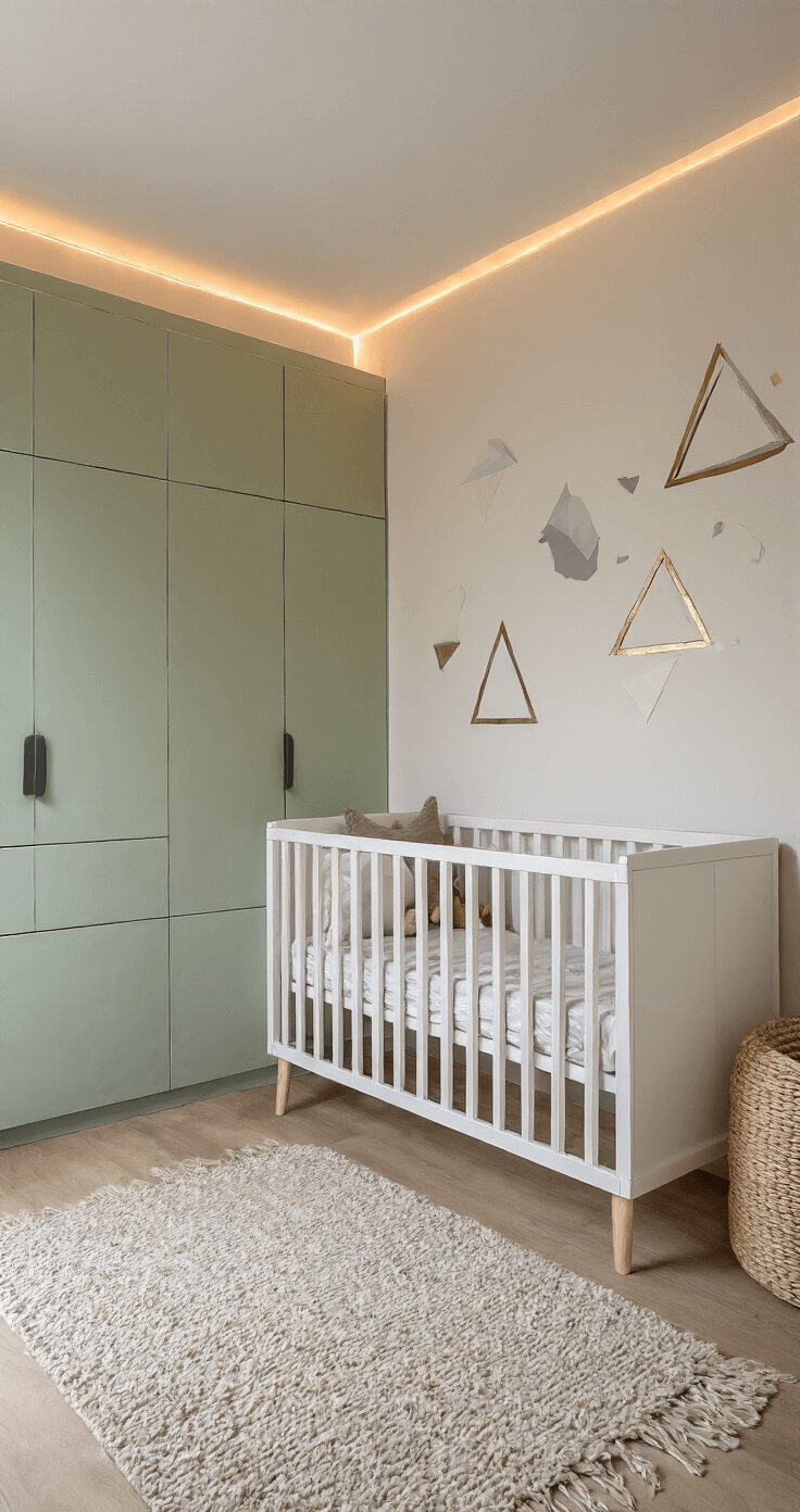 Moderne babykamer in zacht sage-groen met wandhoge inbouwkasten, sfeervolle avondverlichting van LED-strips, wit ledikantje met linnen hemeltje, geometrische muurstickers in goud en grijs, en overlappende berber tapijten.