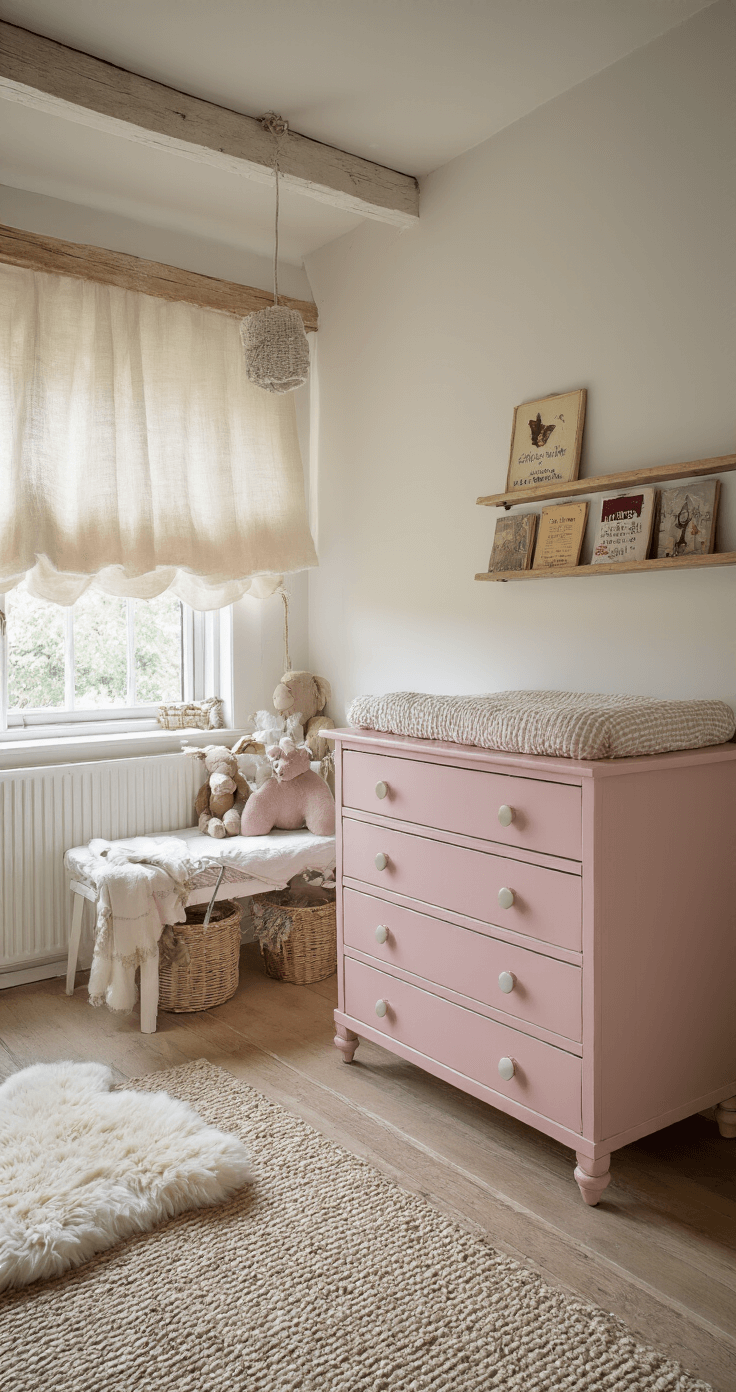Knusse zolderkamer met balkenplafond, warm middaglicht door kanten gordijnen, vintage roze commode met verschoningsstation, wandrek met gehaakte mandjes en oude kinderboeken, zachte schapenvacht op de vloer, mobiel met vilten dieren boven het ledikantje, kikvorsperspectief.
