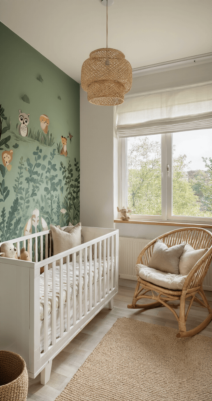 L-vormige babykamer met erker, gevuld met ochtendzon. Meubilair in wit en hout, eucalyptus groene accentmuur met jungle dieren muurstickers, rotan hangstoel met kussens, en gestapelde canvas opbergboxen in aardetinten.