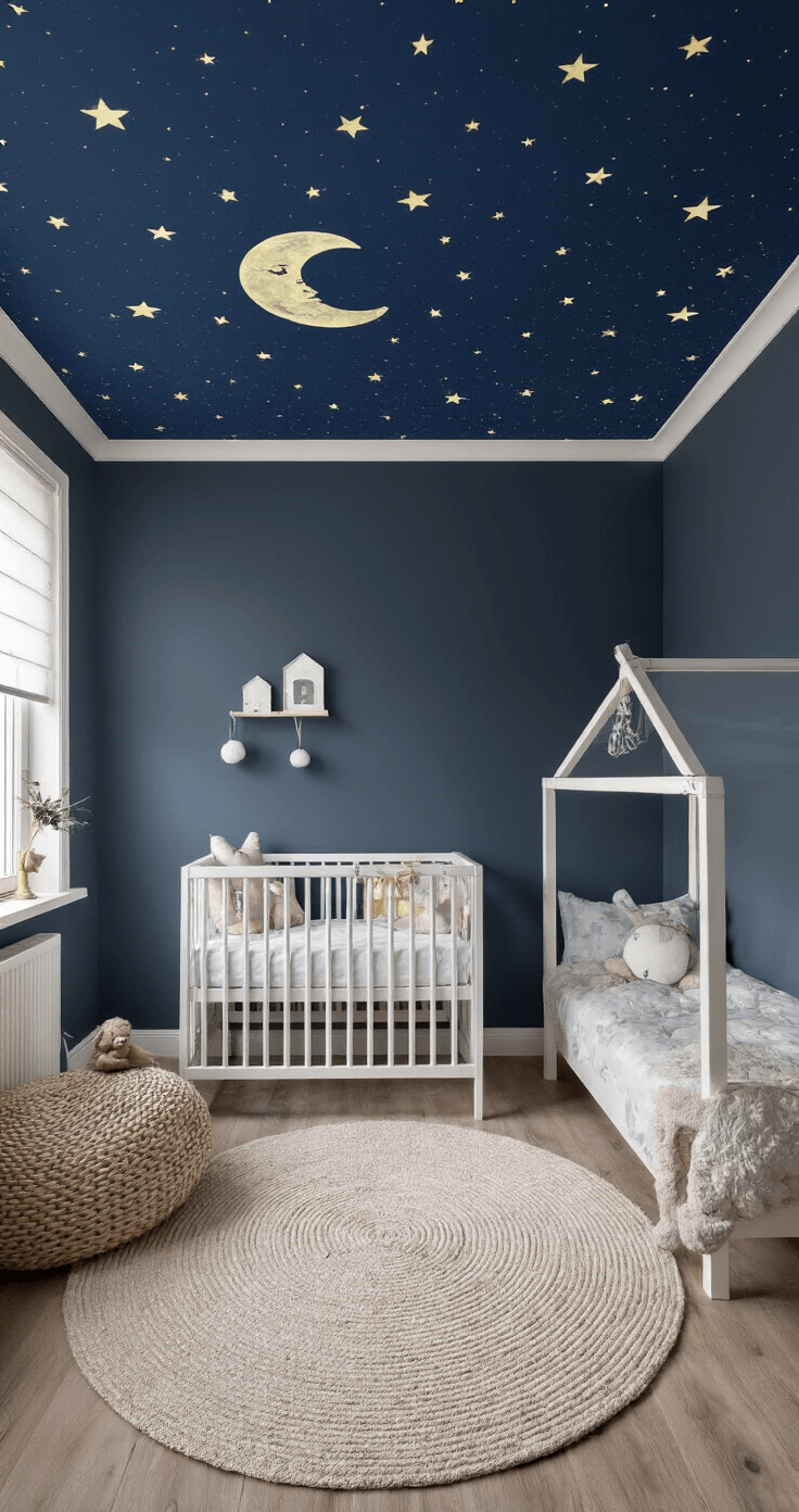 Vierkante kinderkamer met grote ramen en schemerlicht. Sterrenprojectie op het plafond en een donkerblauwe accentmuur met zilveren maan en sterren. Wit ledikantje met doorzichtig hemeltje, zachte teddy poef en zwevende boekenplankjes met nachtlampjes. Beeld genomen vanaf vloerniveau, met een dramatische avondlichtsfeer.