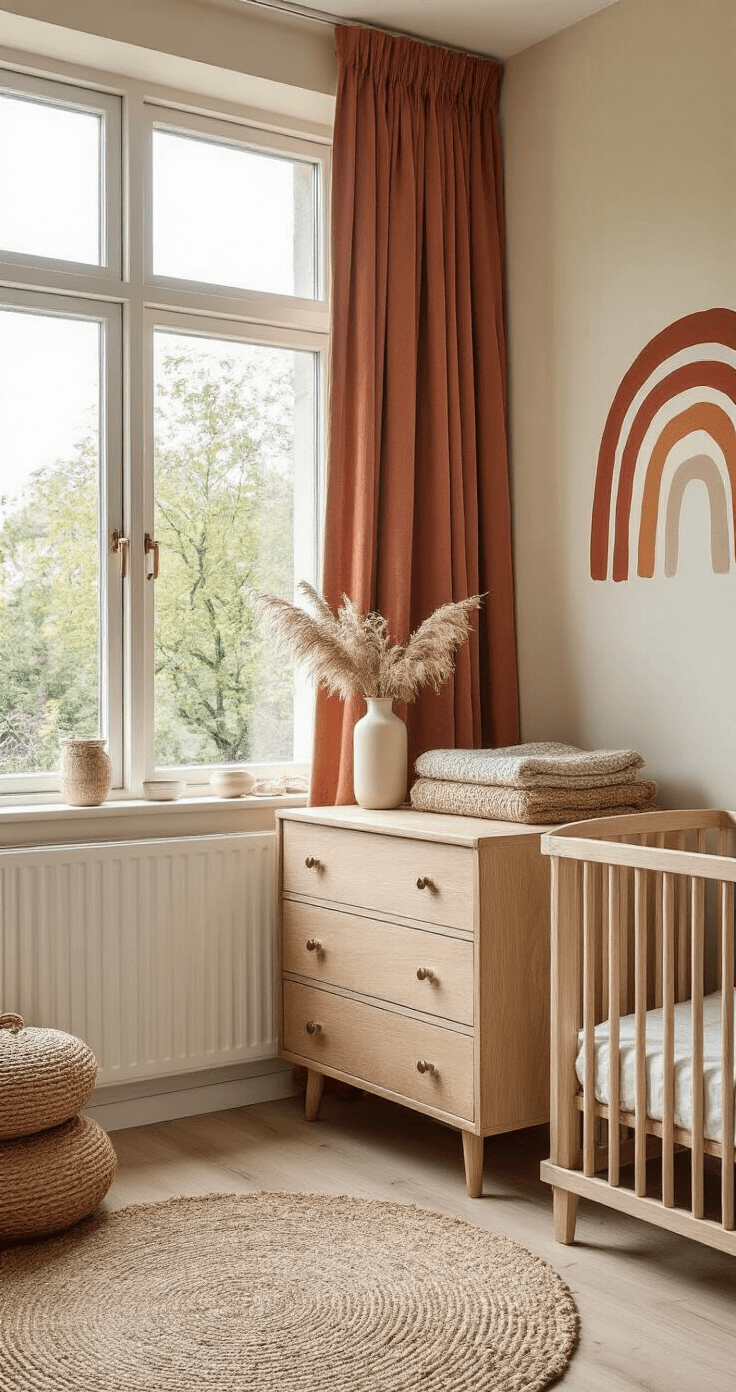 Ruime hoekbabykamer met beige muren, abstracte boho regenboog, lichte eiken meubels en messing details. Geweven wandtapijt boven de commode, gestapelde vintage koffers als nachtkastje en terracotta velvet gordijnen, verlicht door zachte middaglichte schaduwen.