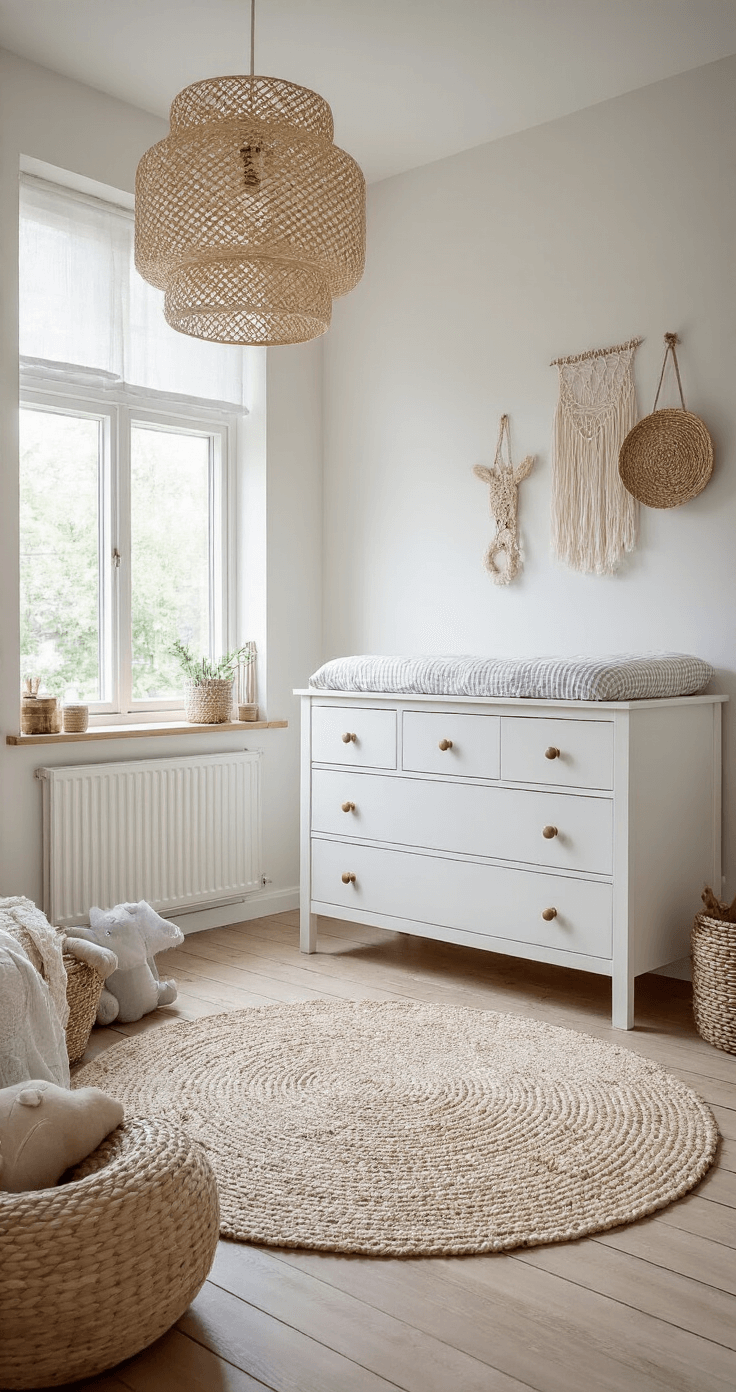 Moderne babykamer met witte Hemnes commode, zachtgrijs aankleedkussen en natuurlijke elementen, verlicht door ochtendlicht.