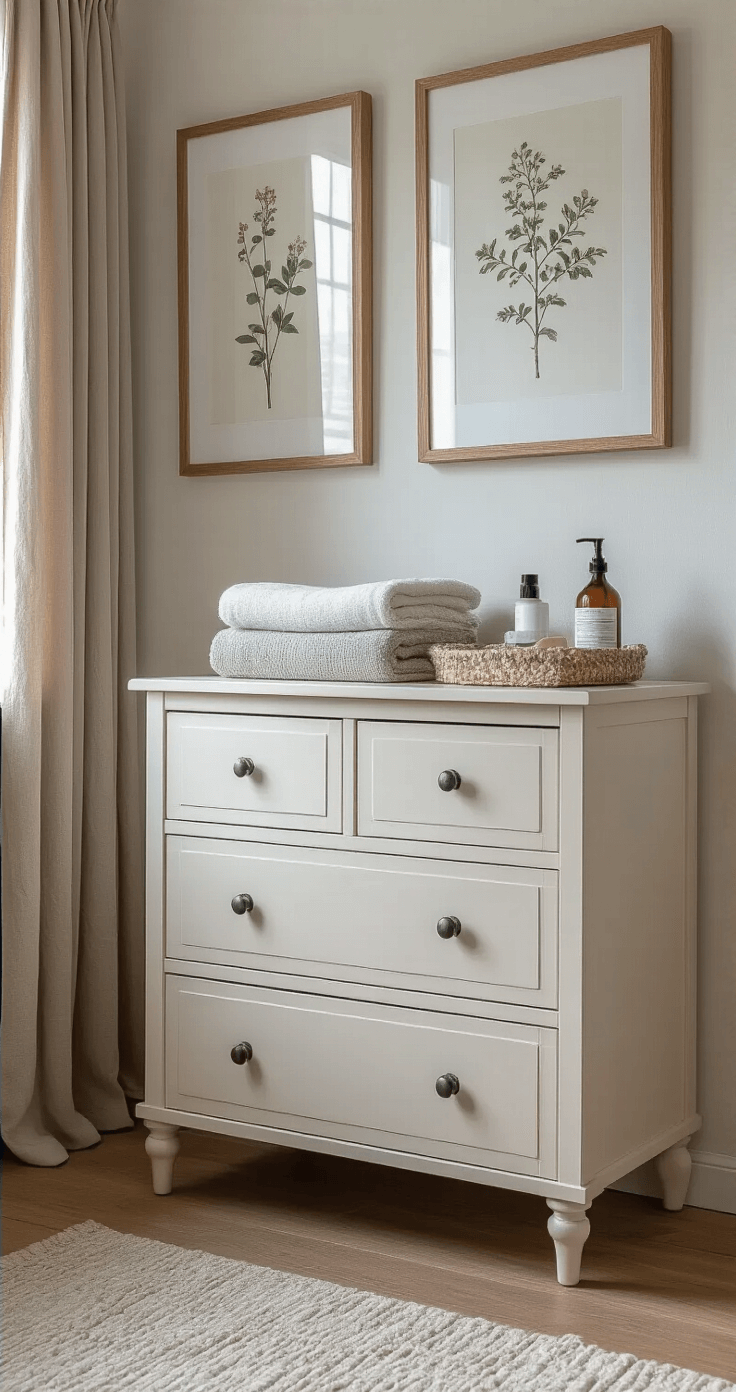 Praktische commode-opstelling in vierkante kamer met indirect middaglicht; Hemnes commode met lade-indeling, transparante organizers en pastelkleurige kleertjes. Boven de commode zwevende planken met verzorgingsproducten en botanical prints aan de muur.