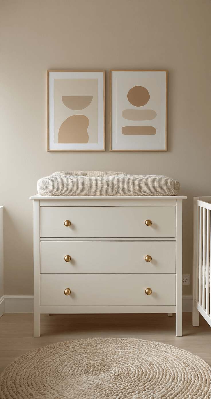Stijlvolle neutrale babykamer met witte Hemnes commode, beige aankleedkussen en een gallery wall met abstracte prints in aardtinten, belicht door zachte namiddagzon.