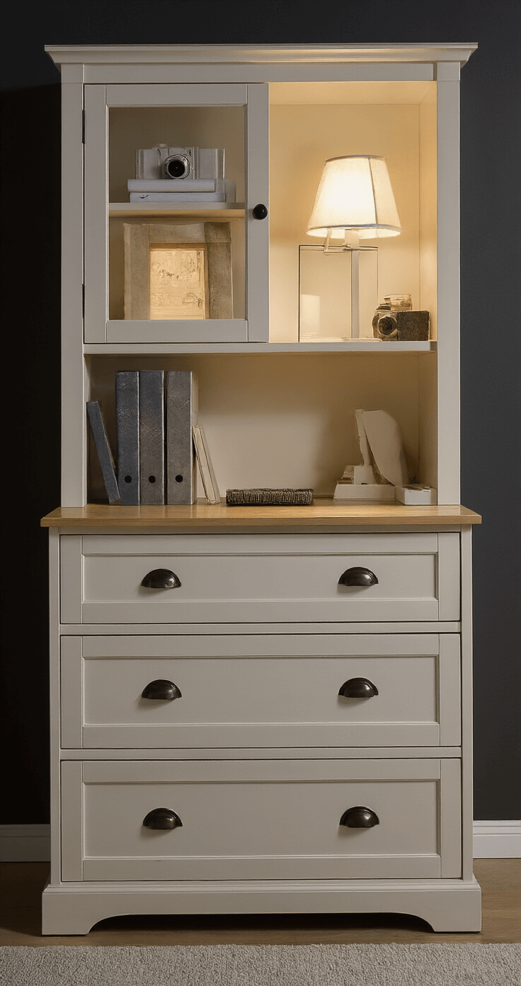 Ergonomische commode-opstelling in een L-vormige kamer, met diffuse verlichting en praktische muurorganizers, gefotografeerd op werkhoogte.
