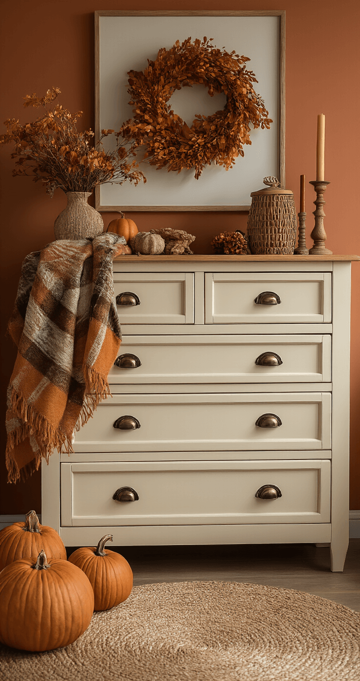 Herfstige commode-styling in knusse kamer met Hemnes meubel in warmwit. Warm gouden avondlicht verlicht gebreide plaid, houten accessoires en droogbloemen in terracotta, mosterdgeel en crème. Close-up van ladenindeling met seizoenskleding.