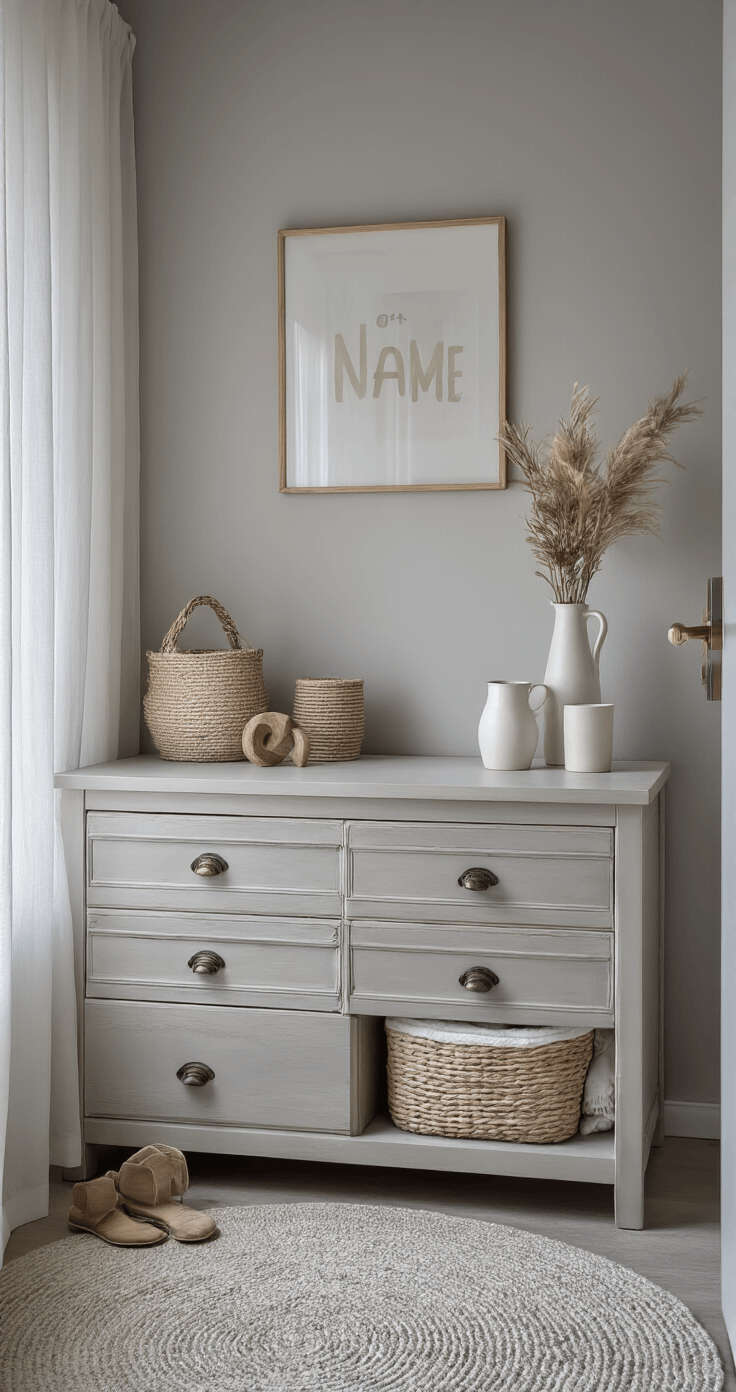 Een stijlvol hoekje met een Hemnes commode, verlicht door zacht gefilterd daglicht. Persoonlijke accenten zoals naamletters en een mobiel, omringd door natuurlijke accessoires. Minimalistische wanddecoratie met focus op texturen in een grijs, wit en naturel kleurenschema.