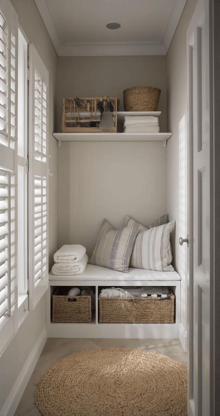 Overhead shot van een compacte kamer van 3x3 meter met een Hemnes commode, open laden met organizers en een verzorgingsstation. Ochtendlicht valt door de shutters en zwevende planken tonen essentiële items in ton-sur-ton kleuren voor een rustige uitstraling.