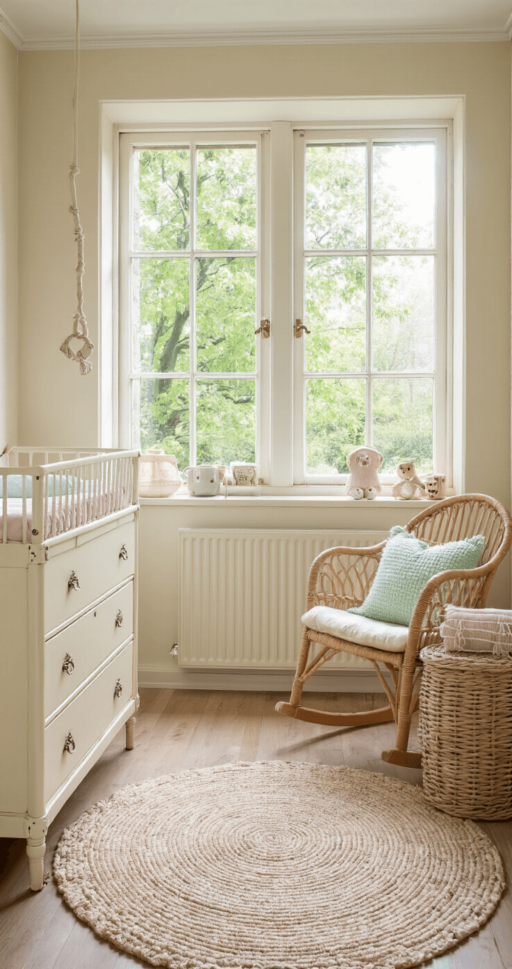 Een ruime babykamer in zacht ochtendlicht met een crèmekleurige vintage metalen wieg centraal, een roomwitte commode met messing handgrepen aan de linkermuur, een rotan schommelstoel met een zachtroze kussen in de hoek, en accessoires zoals gehaakte dekentjes in mintgroen en okergeel, vintage kinderboeken en houten speelgoed.
