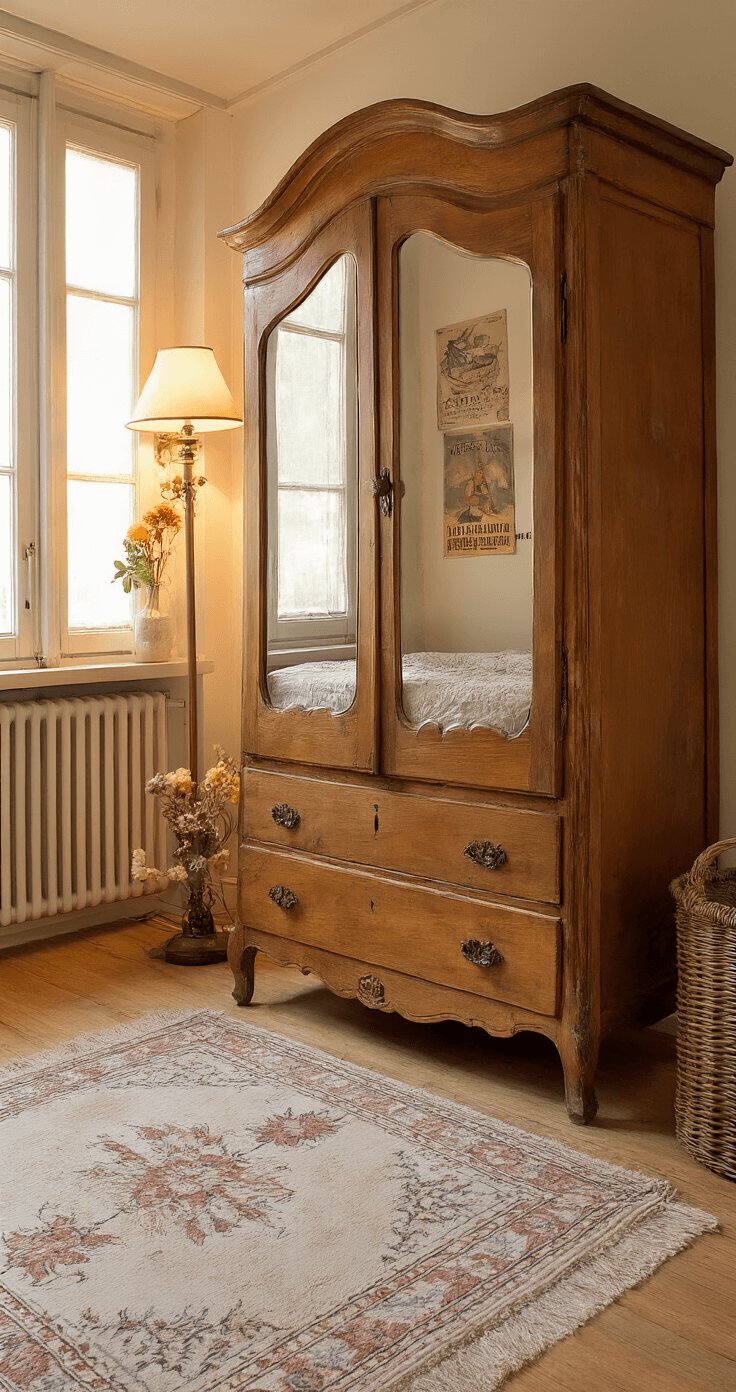 Intieme vintage babykamer met antieke kledingkast en handgeweven tapijt, prachtig verlicht in golden hour.