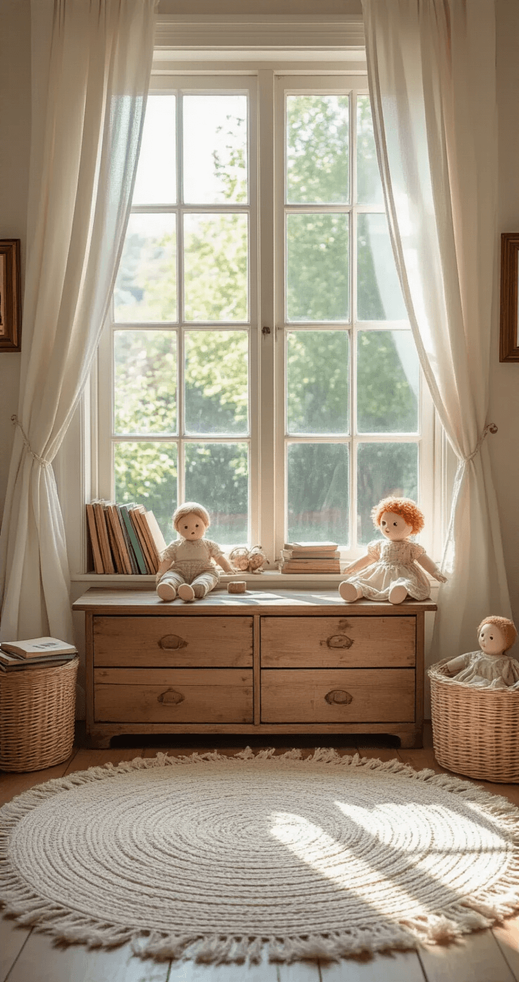 Speelhoek met vintage houten speelgoedkist, oude kinderboeken en antieke poppen, omgeven door een handgeknoopt vloerkleed en gefilterd daglicht van linnen gordijnen, gefotografeerd vanuit vogelperspectief.