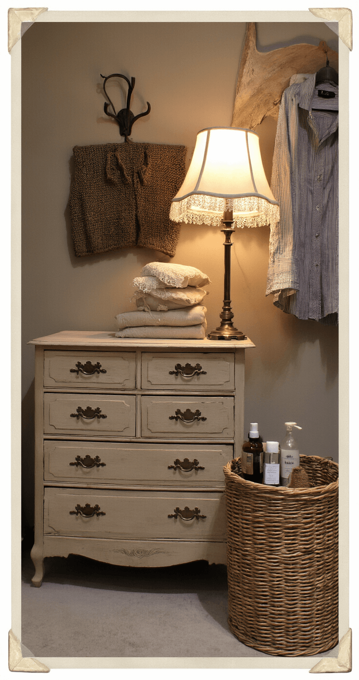 Intieme verzorgingshoek met vintage houten commode, versierd met een linnen verschoningskussen en verlicht door een klassieke staande lamp. Messing wandhaken hangen vol met vintage kleertjes, terwijl een rotan mand essentiële verzorgingsitems bevat.