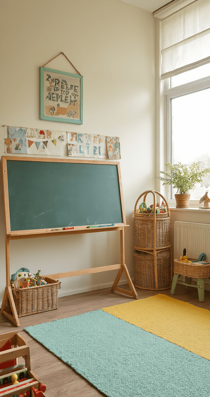 L-vormige speelruimte met vintage schoolbord en rotan opbergmand vol retro speelgoed, gehaakte vloerkleden in mintgroen en okergeel markeren speelzones, oude kindermeubeltjes creëren nostalgische sfeer, gevangen in zacht, diffuus ochtendlicht.